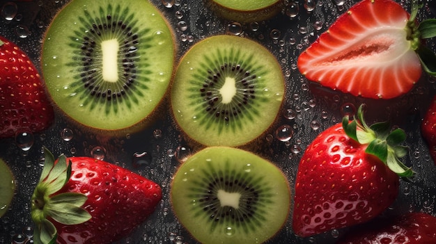 Kiwi en un plato con gotas de agua