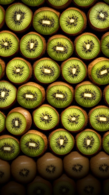 Foto kiwi en rodajas entre un grupo de frutas enteras, arreglo colorido, fondo de pantalla móvil vertical