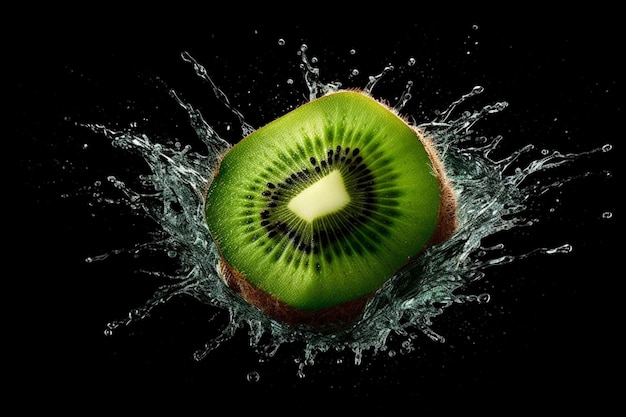 Un kiwi se salpica con agua sobre un fondo negro.