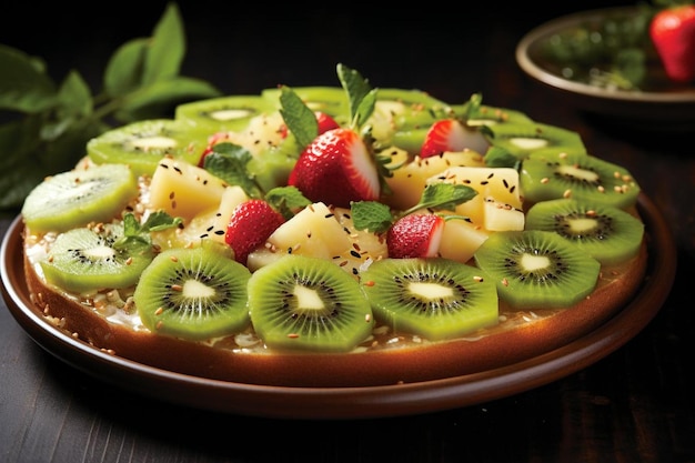 El kiwi se sirve como topping en una pizza de inspiración tropical con jamón y piña