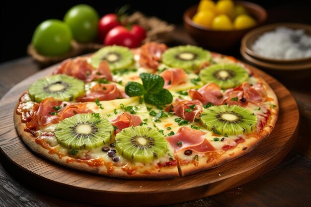 El kiwi se sirve como topping en una pizza de inspiración tropical con jamón y piña