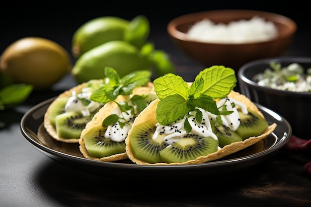 El kiwi se sirve como topping en los tacos o nachos para una refrescante explosión de sabor