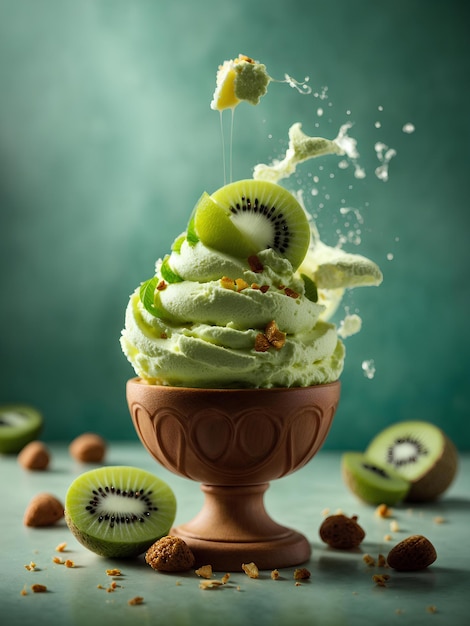 Kiwi sorvete flutuante delicioso refrescante tratamento gelato altas vitaminas e minerais cinematográfico