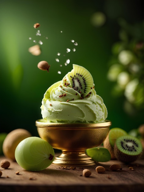 Foto kiwi sorvete flutuante delicioso refrescante tratamento gelato altas vitaminas e minerais cinematográfico