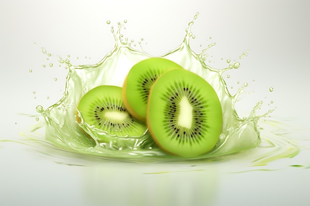 Kiwi tropical realista en 3D en salpicaduras de jugo