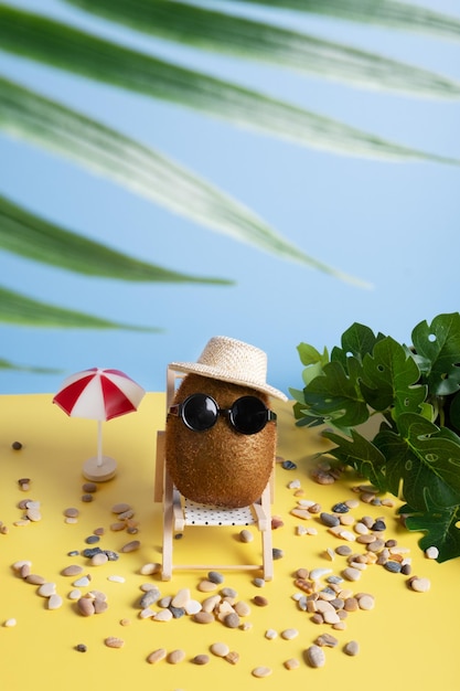 Kiwi en una tumbona en la playa con sombrero y gafas de sol