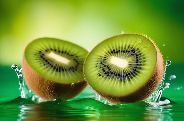 Un kiwi verde maduro cae en el agua salpicaduras y gotas de agua en todas direcciones