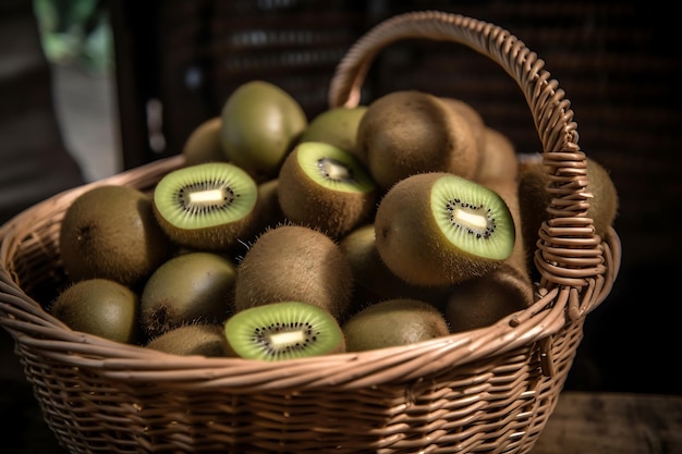 Kiwis frescos en una canasta Fruta de kiwi madura