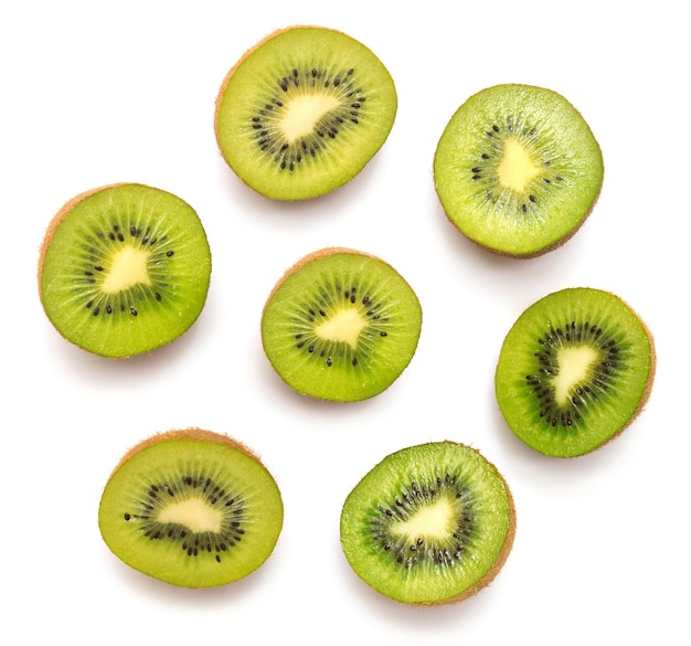 Kiwis isoliert auf weißem Hintergrund. Kiwi-Kollektion. Draufsicht, flach