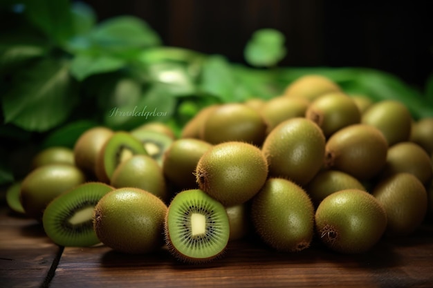 Kiwis maduros na mesa de madeira marrom