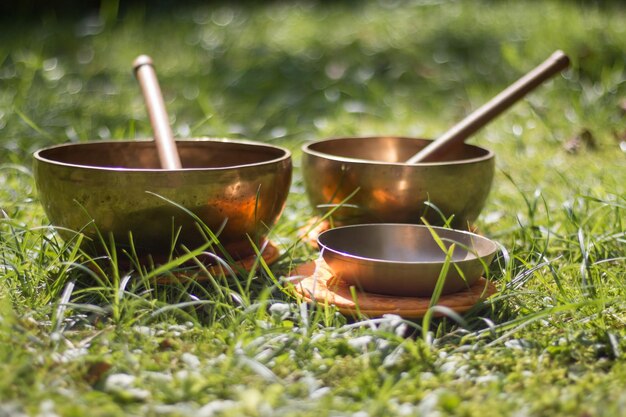 Klangschalenset im eigenen Gartenzen im Freien