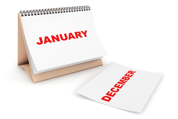 Klappkalender mit Januar-Monatsseite auf weißem Hintergrund