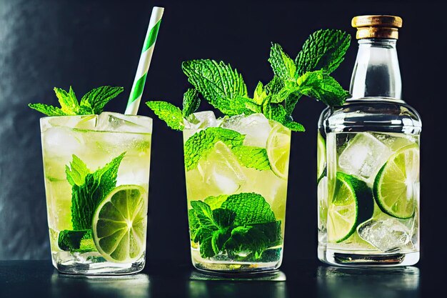 Klare Gläser mit erfrischenden Mojito-Cocktails mit Minzblättern und Eis