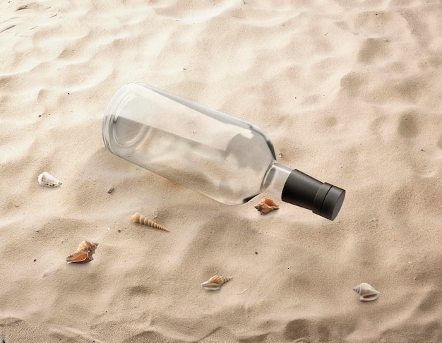 Klare Glasflasche am Strand, die von Meereswellen zum Ufer getragen wird 3D-Render