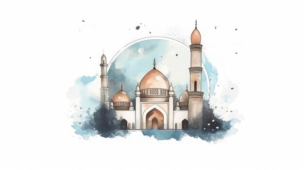Klare Linien, Moschee und Halbmond-Illustration auf weißem Hintergrund, generative KI