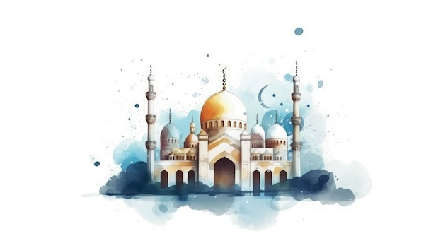 Klare Linien, Moschee und Halbmond-Illustration auf weißem Hintergrund, generative KI