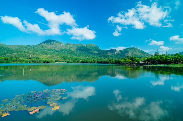 Klare Sicht auf den See An Hai und den Berg Con Dao Natürlicher kristallblauer See