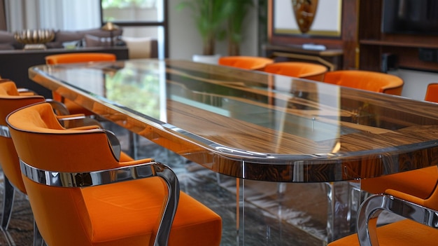 Klarer Glastisch mit orangefarbenen Stühlen UHD-Bild mit Holz und glänzendem Finish