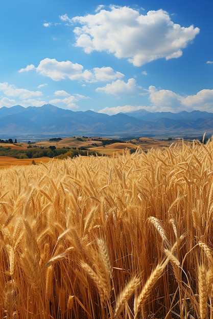 Klarer Himmel, sanfte Berge, goldene Weizenfelder, KI generativ