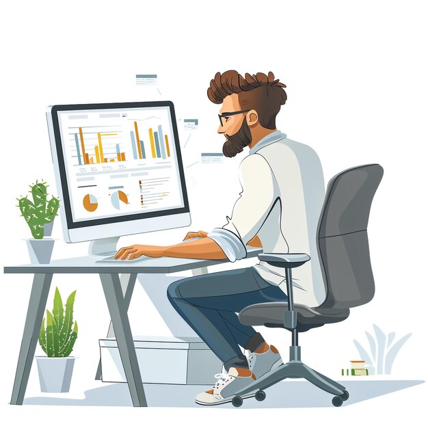 klarer stil minimalistisch ein angestellter, der fleißig eine powerpoint-präsentation auf einem computer in einem büro-szene-illustration highend-grafische illustration realistische farben massiver weißer hintergrund