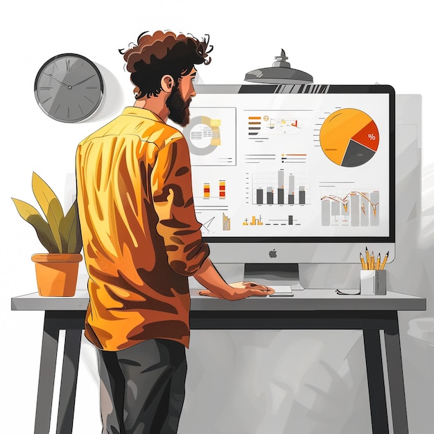 klarer stil minimalistisch ein angestellter, der fleißig eine powerpoint-präsentation auf einem computer in einem büro-szene-illustration highend-grafische illustration realistische farben massiver weißer hintergrund