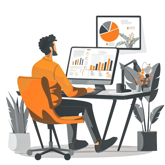 klarer stil minimalistisch ein angestellter, der fleißig eine powerpoint-präsentation auf einem computer in einem büro-szene-illustration highend-grafische illustration realistische farben massiver weißer hintergrund