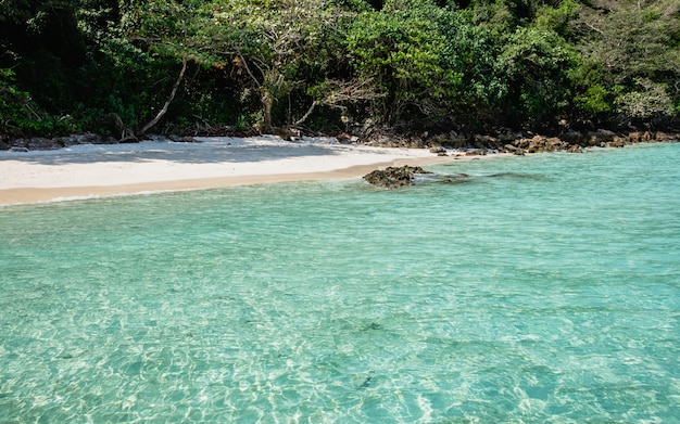 Foto klares meer und weißer strand von der bootsansicht