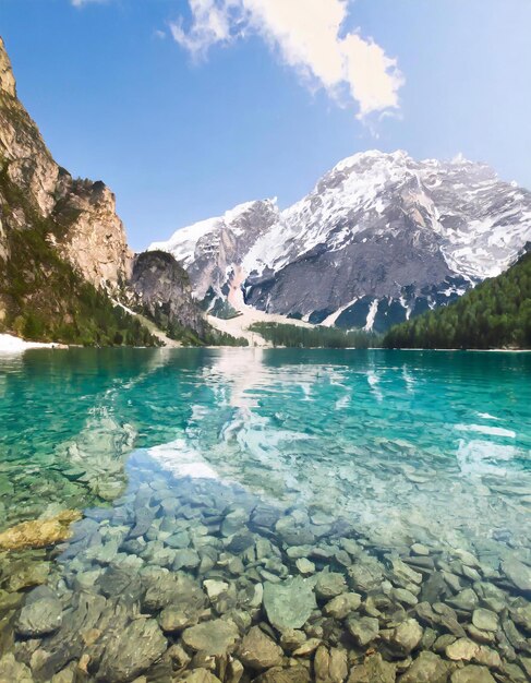 Klares Seewasser in der Nähe schneebedeckter Berge