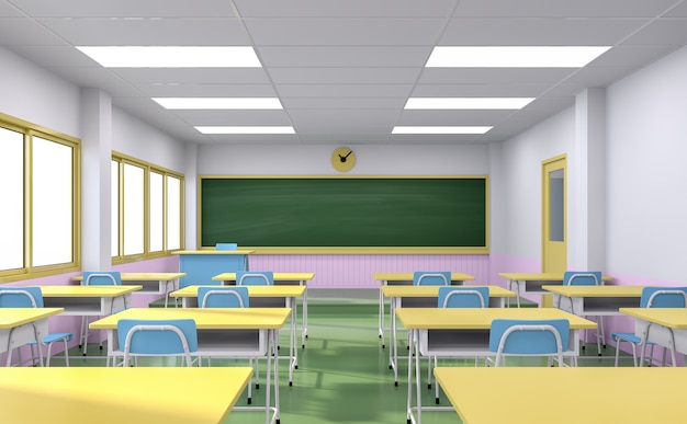 Klassenzimmer im Cartoon-Stil mit bunten Schulbänken und Stuhl und leerer Tafel 3D-Rendering