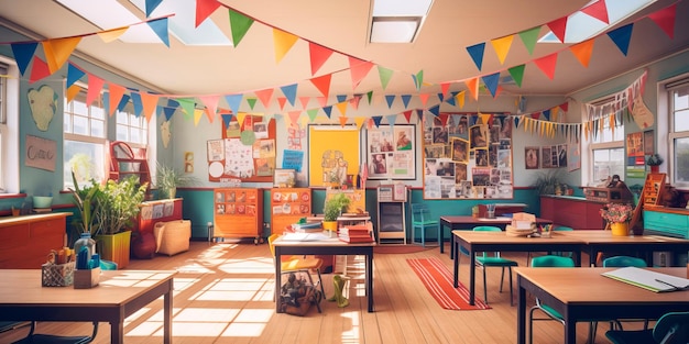 Klassenzimmer mit bunten Banner und Plakaten geschmückt