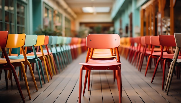 Klassenzimmer mit bunten Stühlen Leeres Klassenzimmer mit modernen Stühlen in einer Reihe für das Lernen Vorderansicht Hintergrund sehr nah von braunen Reihenstühlen zurück zur Schule