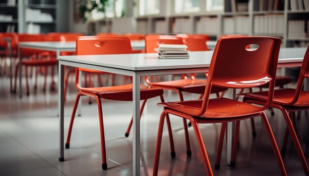 Klassenzimmer mit orangefarbenen Stühlen und dem Buch auf den Schreibtischen Vordergrund Rückkehr zur Schule