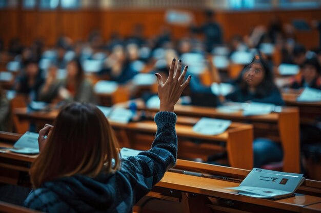 Klassenzimmer mit Schreibtischen und Sitzen mit Schülern, die ihre Hand heben