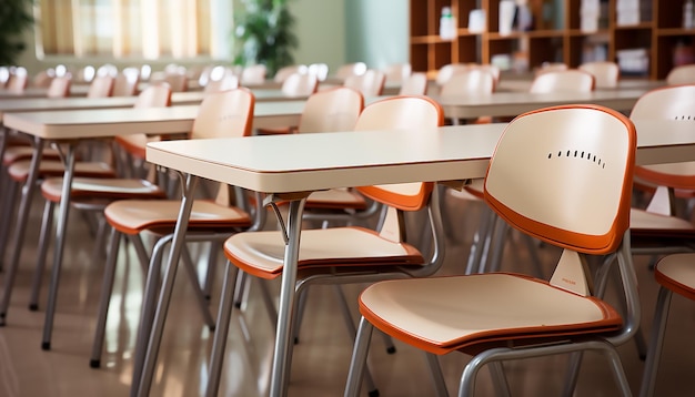 Klassenzimmer mit weißen Reihen von leeren Stühlen und Tischen Ansicht einer leeren Klasse auf einem verschwommenen Hintergrund