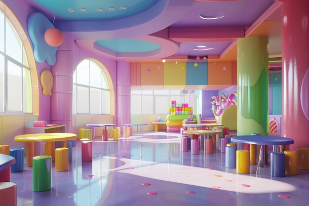 Klassenzimmer verwandelt in ein farbenfrohes Süßigkeitenland