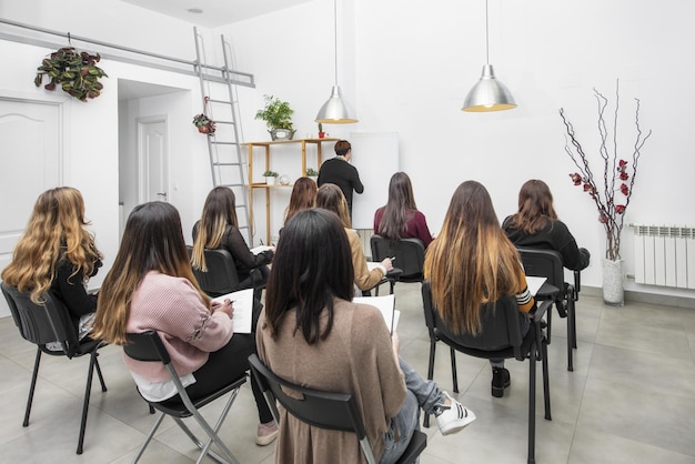 Klassenzimmer voller aufmerksamer Studentinnen, die den Lehrer ansehen