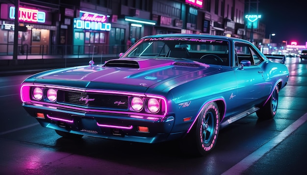 Klassische amerikanische Muskelwagen lila mit Neonlicht kostenlose Download-Bilder