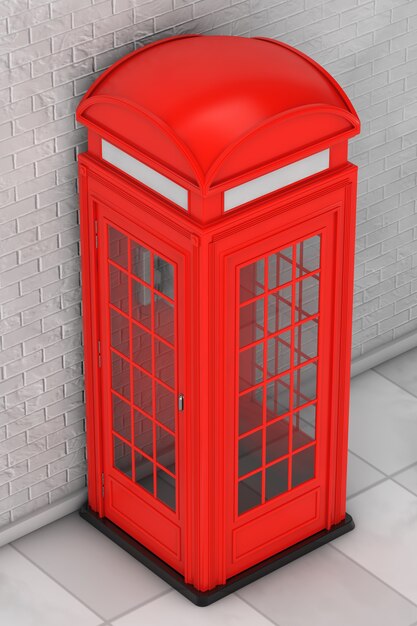 Klassische britische rote Telefonzelle vor Backsteinmauer. 3D-Rendering