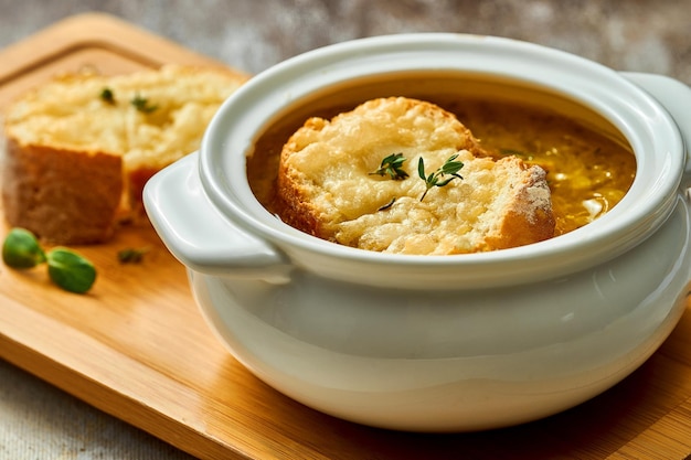 Klassische französische Zwiebelsuppe in einem Teller. Selektiver Fokus, Nahaufnahme