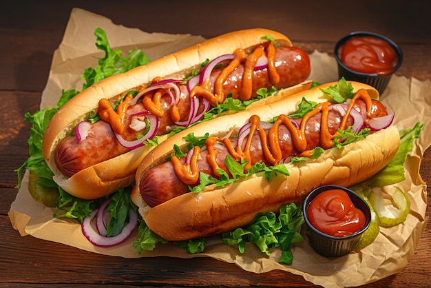 Klassische hausgemachte Hot-Dog-Salatsalat-Gemüse auf hölzernem Hintergrund