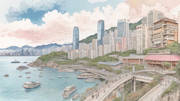 Klassische Illustration der Landschaft der Stadt Hongkong