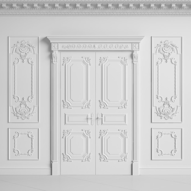 Klassische Innenwand mit Gesims und Formteilen. Türen mit Dekor. 3D-Rendering