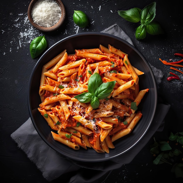 Klassische italienische Pasta Penne alla Arrabiata mit frischem Käse auf dunklem Tisch Draufsicht Generative AI