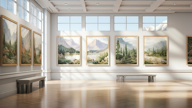 Klassische Kunstgalerie Flur natürliches Licht weiße Wände eingerahmte Landschaftsgemälde