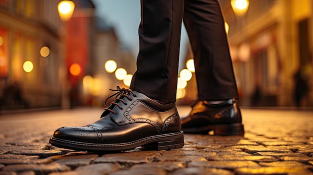 Foto klassische lederschuhe für männer auf der straße, auf dem bürgersteig, nahaufnahme, konzept, geschäfts-finanz-stil