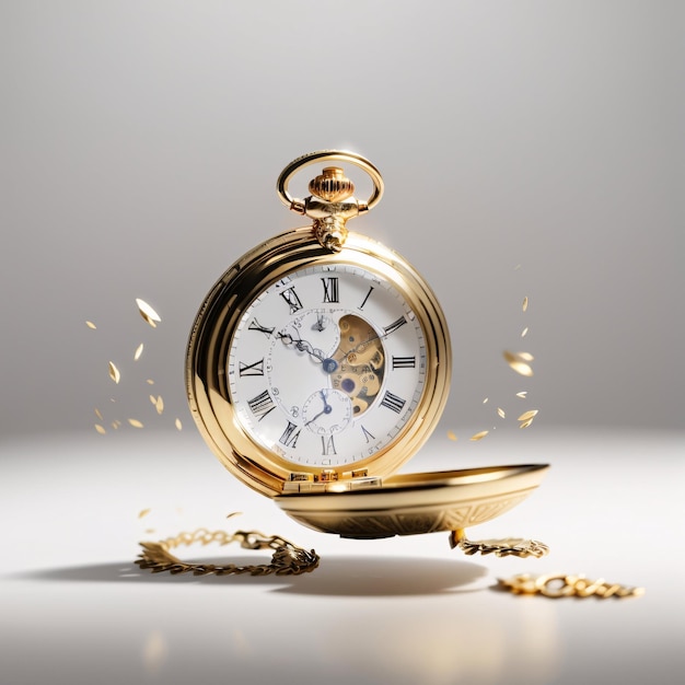 Klassische luxuriöse goldene Taschenuhr mit schlichtem Hintergrund, die die Zeit anzeigt