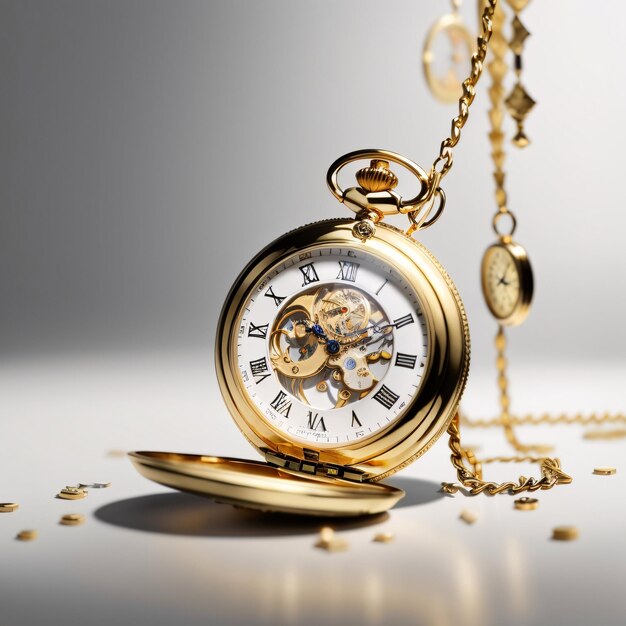 Klassische luxuriöse goldene Taschenuhr mit schlichtem Hintergrund, die die Zeit anzeigt