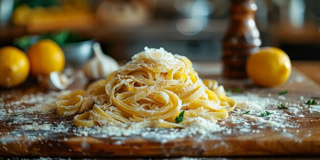 Klassische Nudeln auf dem Hintergrund der Küche, Ernährung und Lebensmittelkonzept