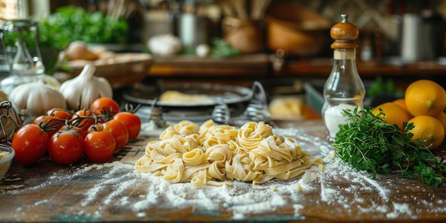 Klassische Nudeln auf dem Hintergrund der Küche, Ernährung und Lebensmittelkonzept