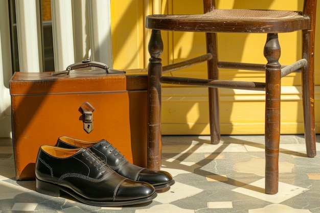 Foto klassische schwarze lederschuhe und eine passende ledertasche